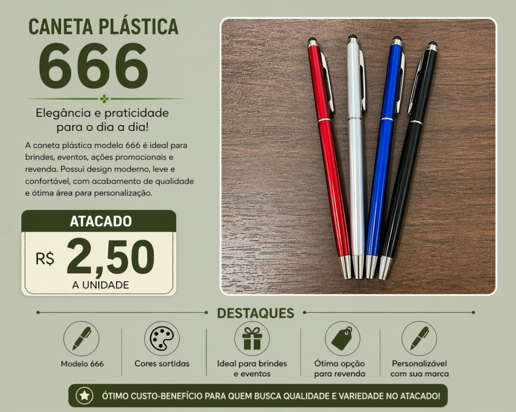 Caneta Plástica 666 Atacado R$2,50