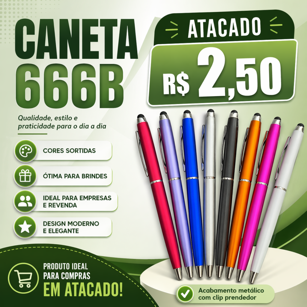 Caneta Esferográfica 666B Metalizada Atacado 100 Un