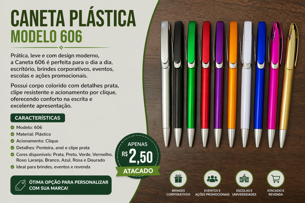 Caneta Plástica 606 Colorida Para Personalizar Atacado