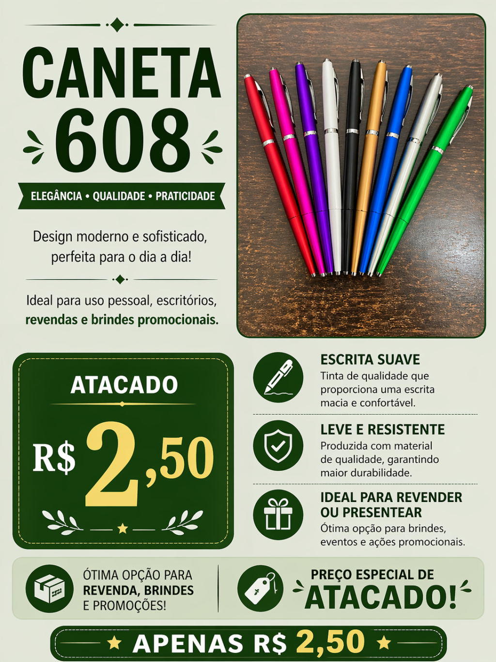 Caneta 608 no Atacado por R$ 2,50