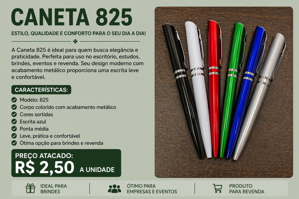Caneta 825 Metálica Colorida Atacado Brinde Revenda