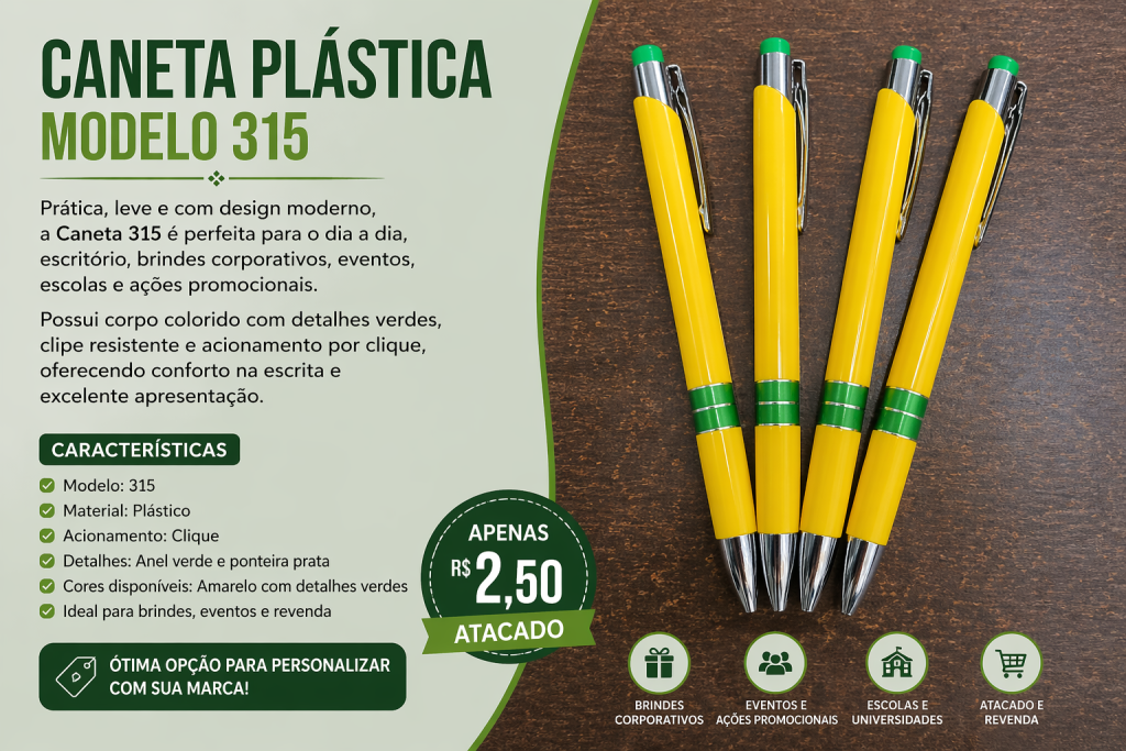 Caneta Plástica 315 Amarela Para Personalizar Atacado