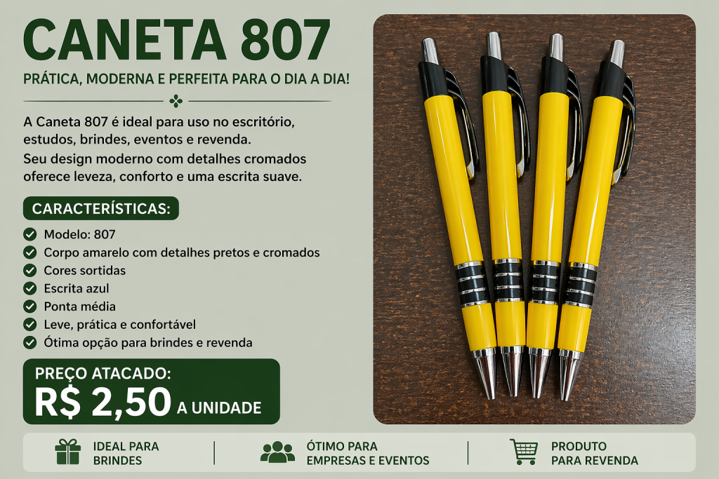 Caneta 807 Amarela Com Detalhe Preto Atacado Brinde