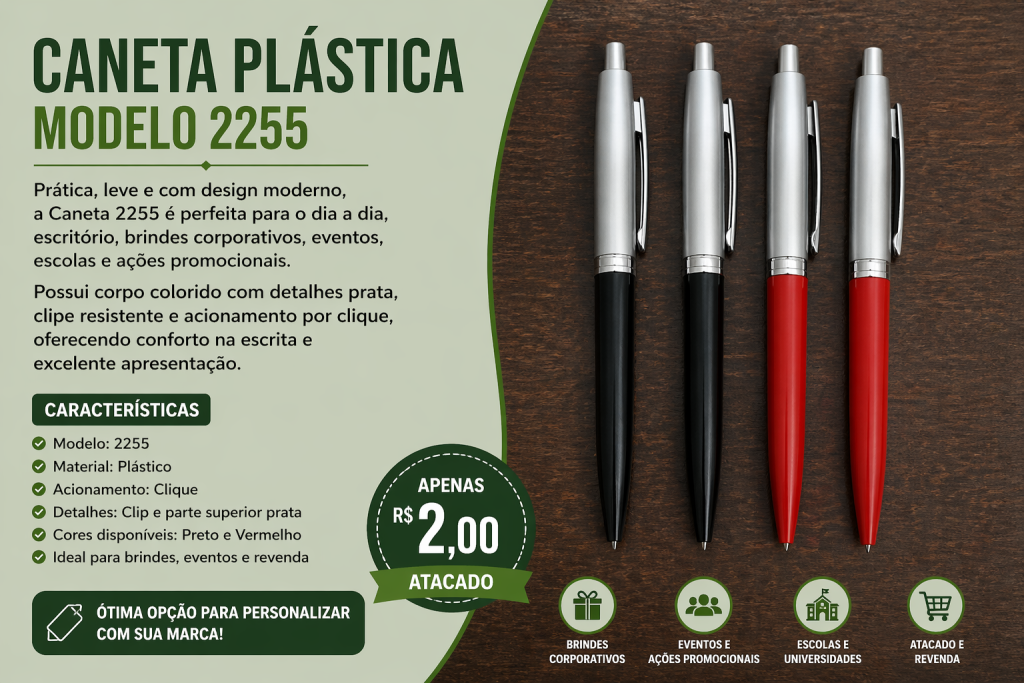 Caneta Plástica 2255 Preta Vermelha Para Brindes Atacado