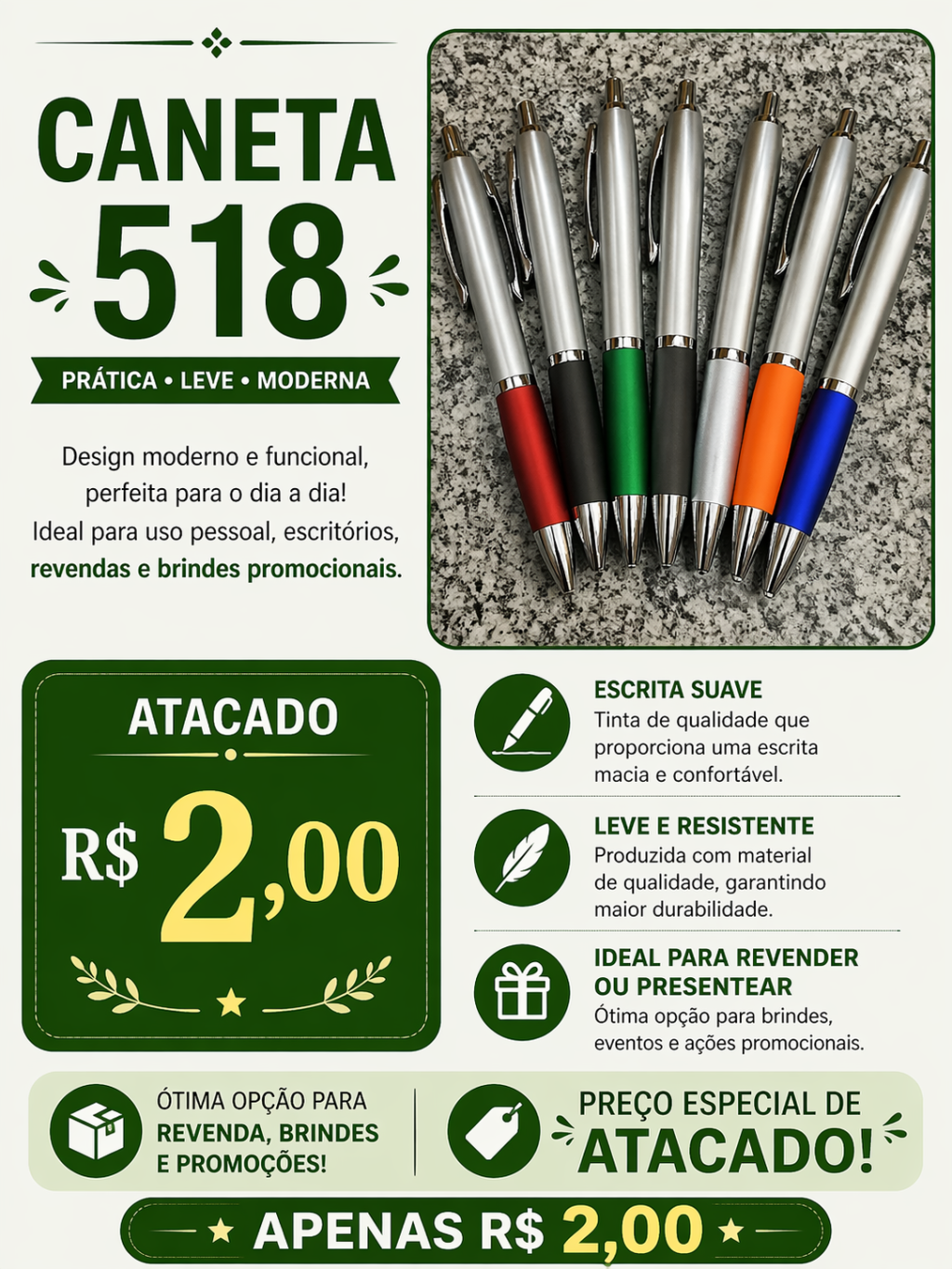 Caneta 518 no Atacado por R$ 2,00