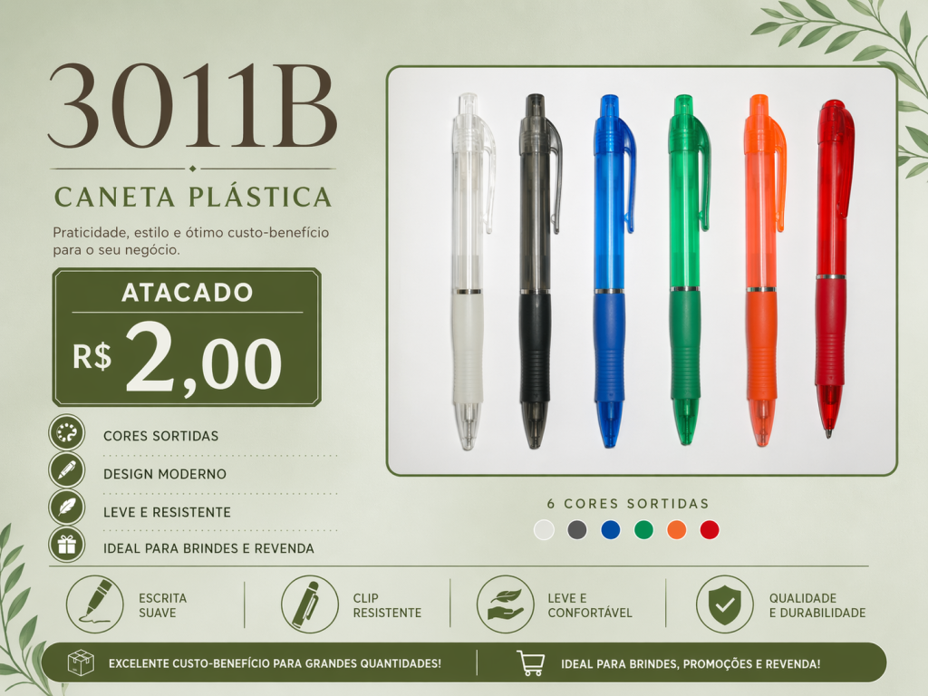 Caneta Plástica 3011B Colorida Atacado