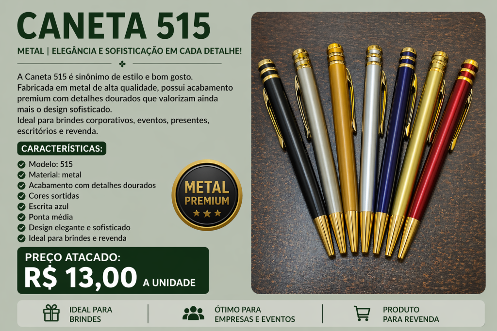 Caneta Metal 515 Premium Com Detalhe Dourado Atacado
