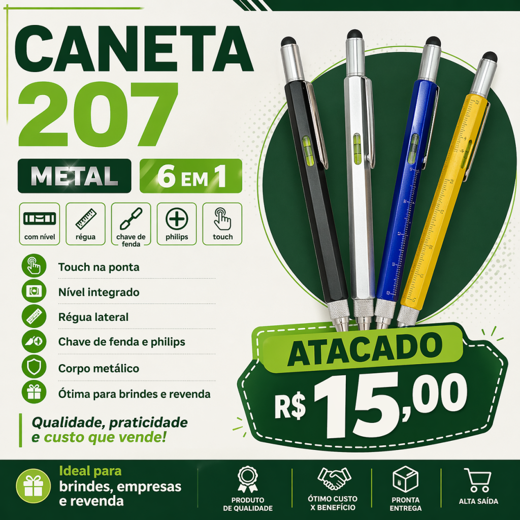 Caneta Metal 6 Em 1 Touch Nível Régua Chave Atacado