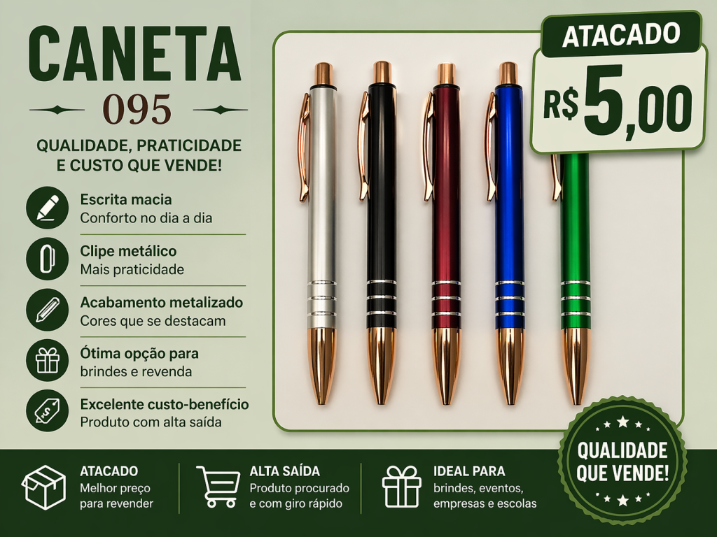 Caneta Esferográfica 095 Metalizada Atacado 100 Un