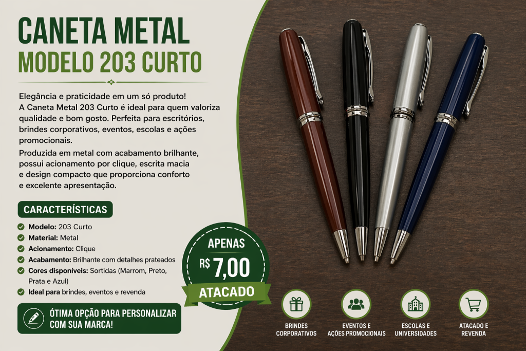 Caneta Metal 203 Curta Para Personalizar Brindes