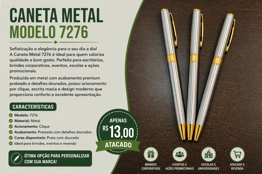 Caneta Metal 7276 Prata Dourada Para Brindes