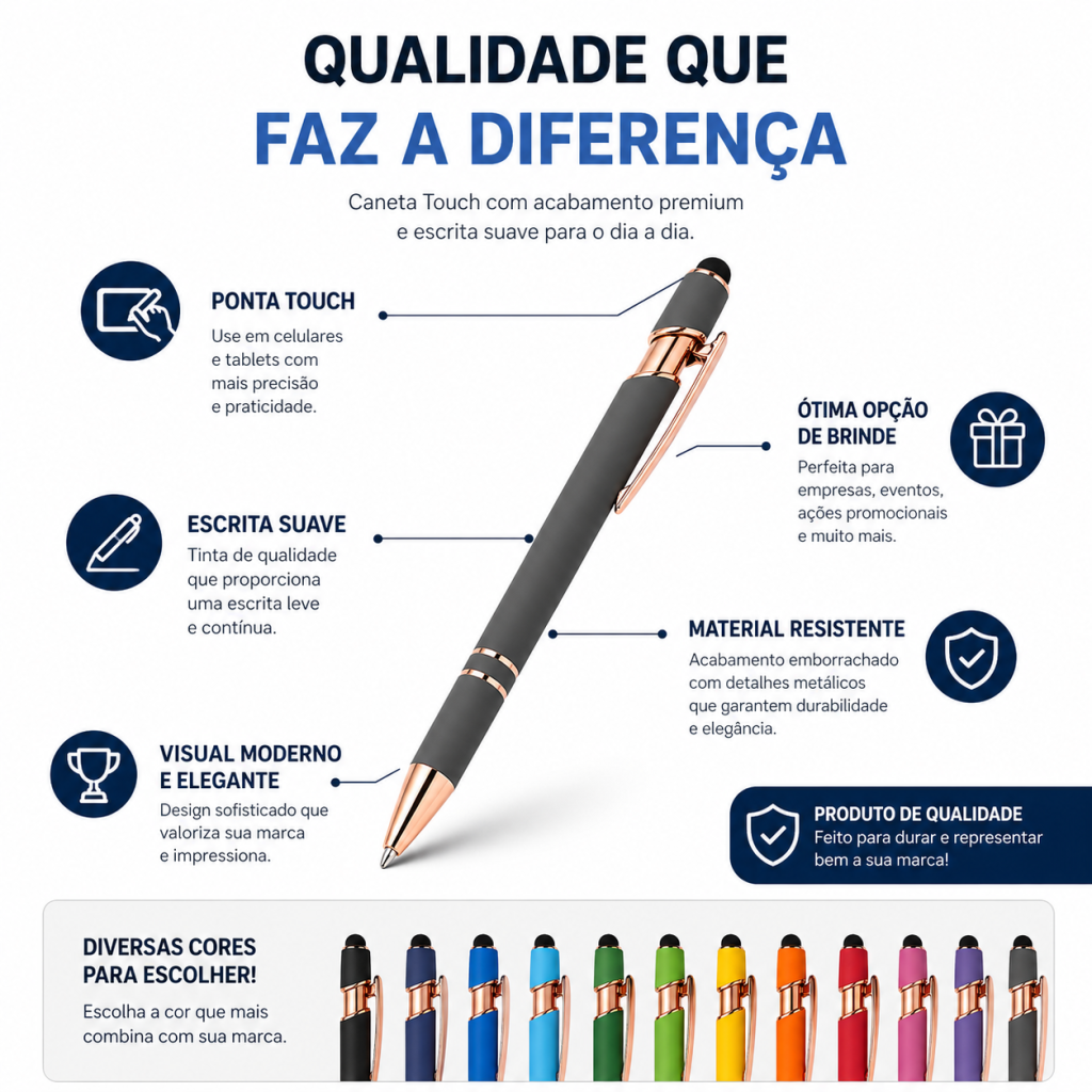 Caneta Touch Personalizada Com Logo Brinde Corporativo detalher dourados Kit com 100