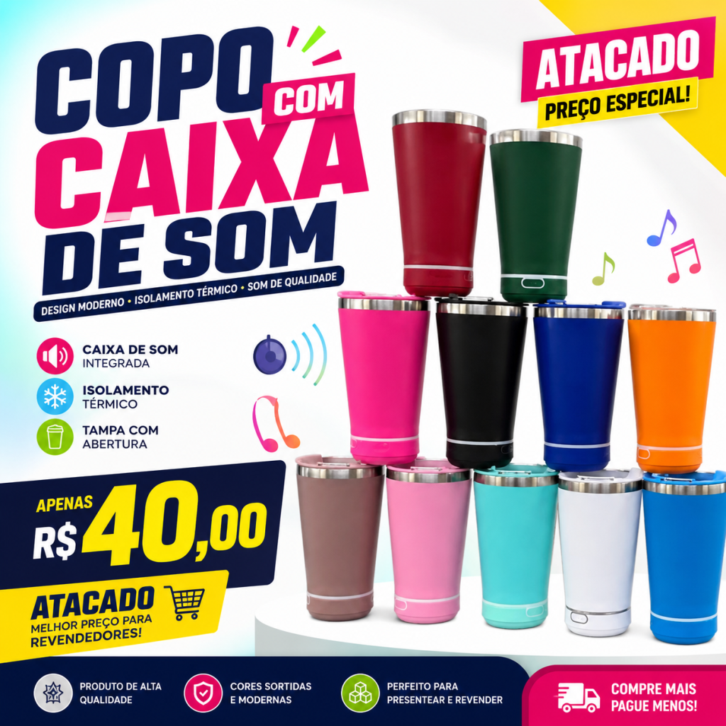 COPO TÉRMICO 500ML COM CAIXA DE SOM 