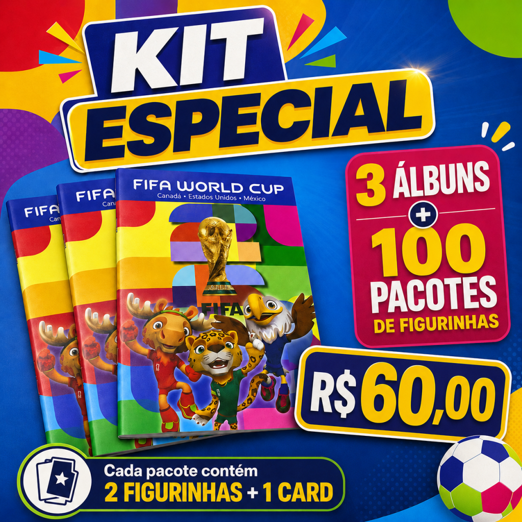 Kit 3 álbuns + 100 pctes de figurinhas 