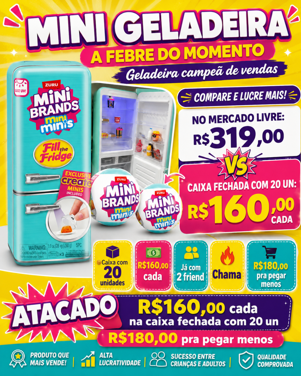 Mini Geladeira Mini Brands Com 2 Bolinhas Surpresa Luz UV Caixa com 20un