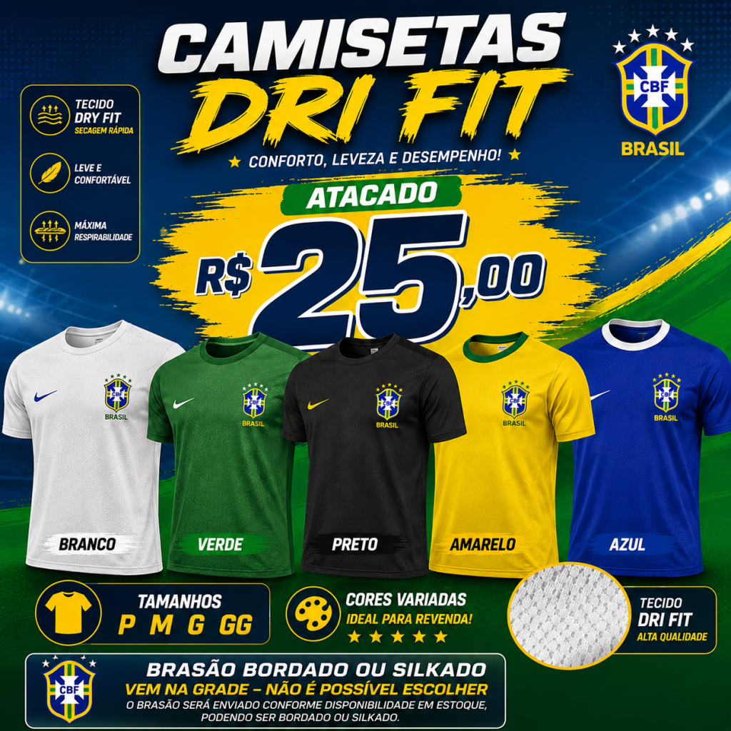 Camiseta Dry Fit Brasil Atacado Esportiva Masculina Academia Futebol P M G GG