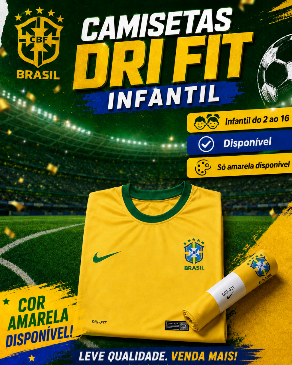 Camiseta Infantil Brasil Dri Fit Amarela Do 2 Ao 16 Atacado