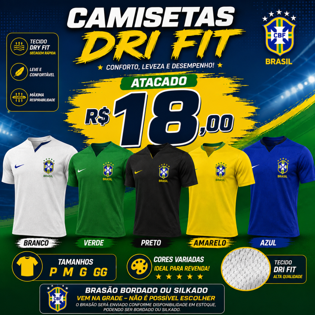 Camiseta Dry Fit Brasil Atacado Esportiva Masculina Academia Futebol P M G GG