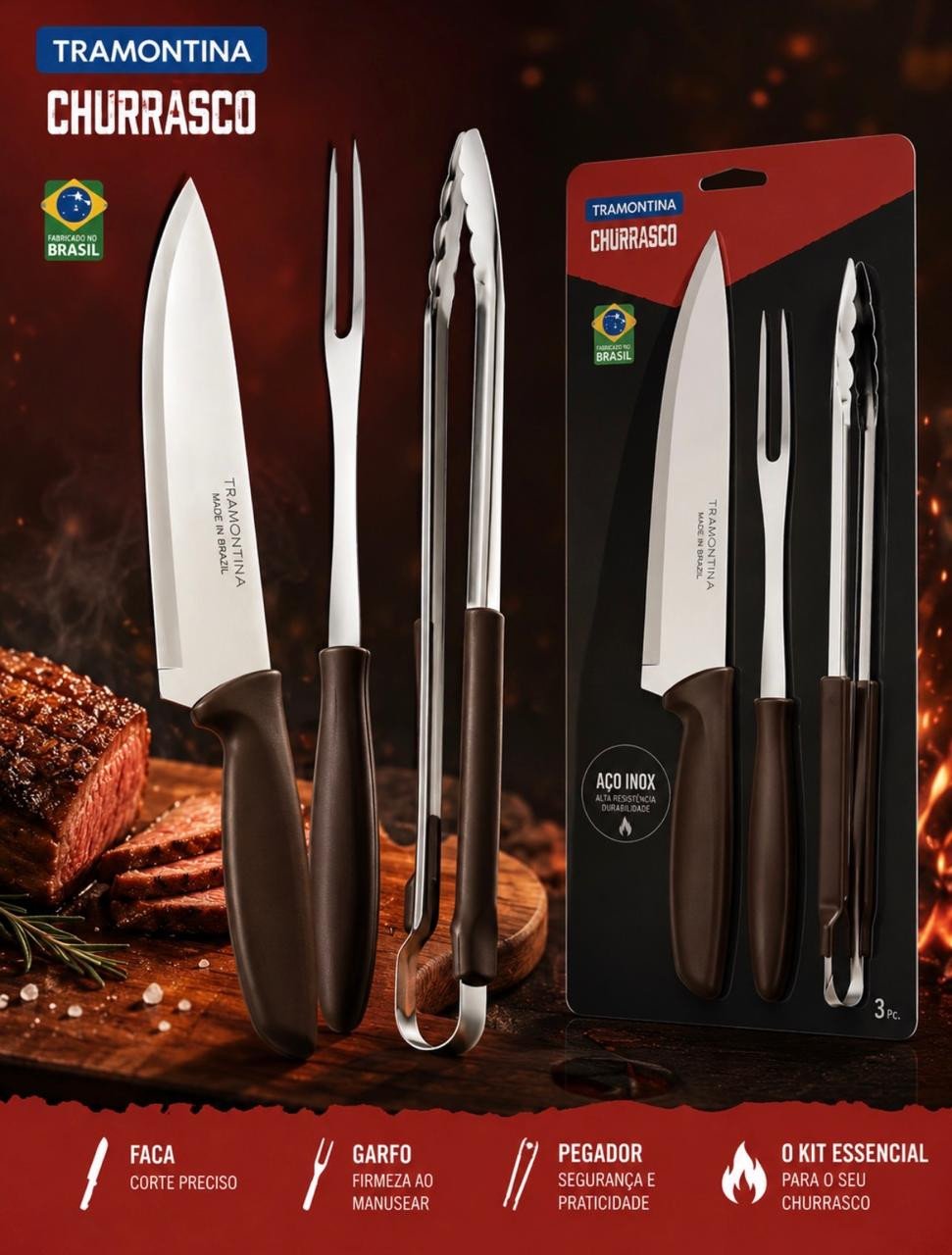 KIT PARA CHURRASCO TRAMONTINA PLENUS PRETO 3 PEÇAS