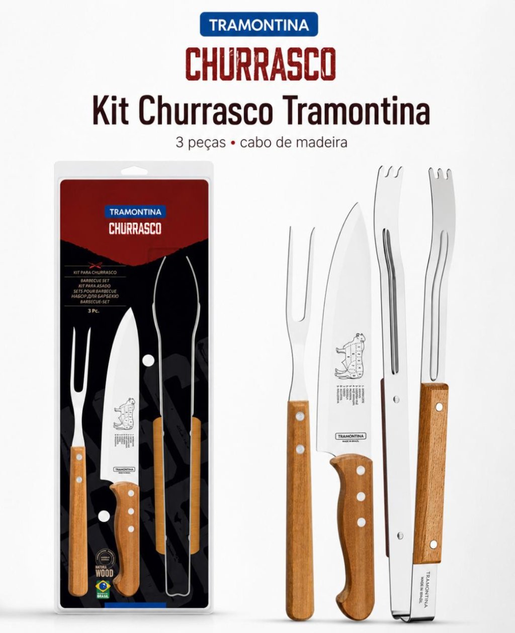 KIT  PARA CHURRASCO 3 PEÇAS CABO MADEIRA TRAMONTINA