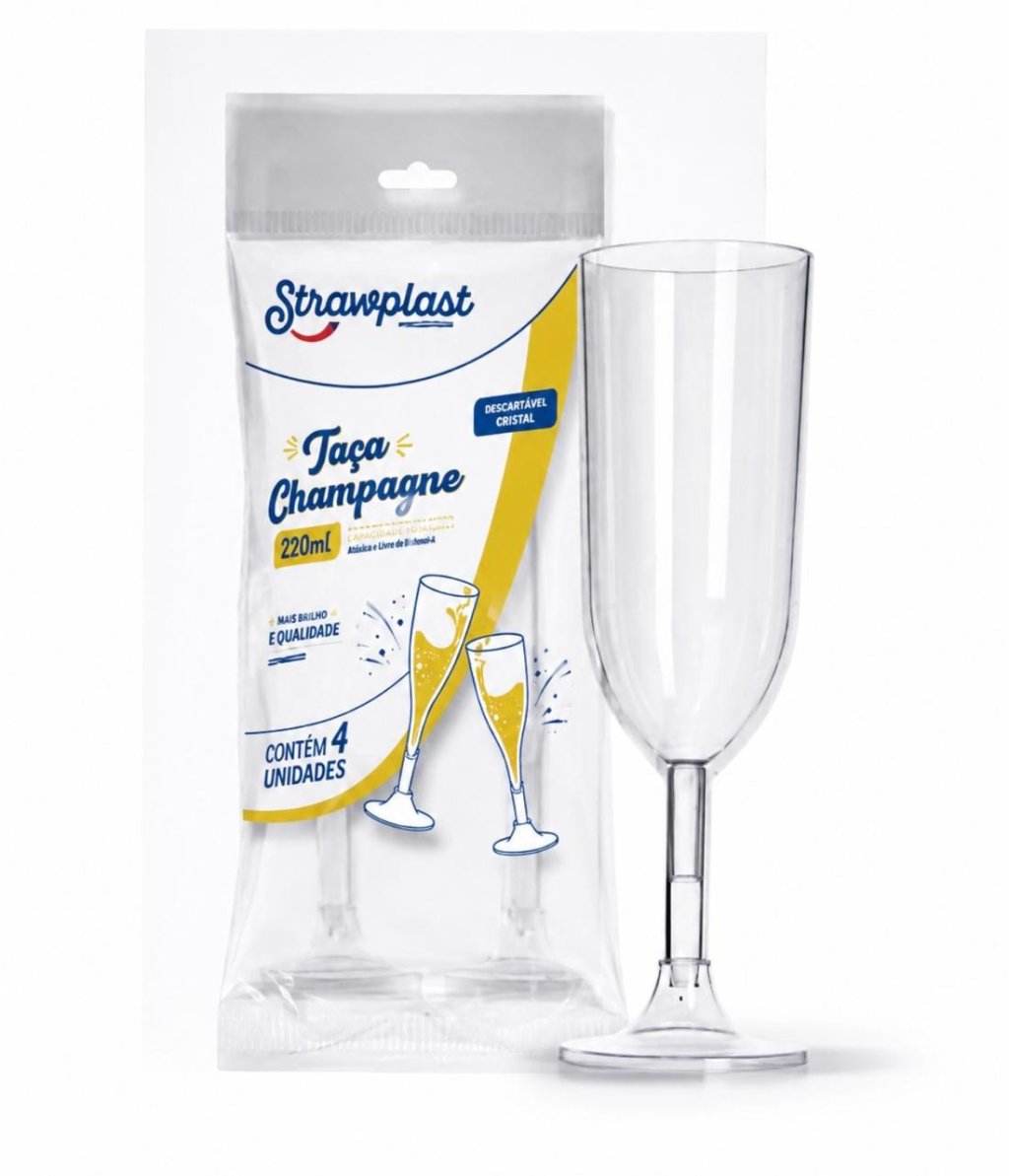 Taça Para Espumante 220 Ml Cristal Descartavel Com 4 Und